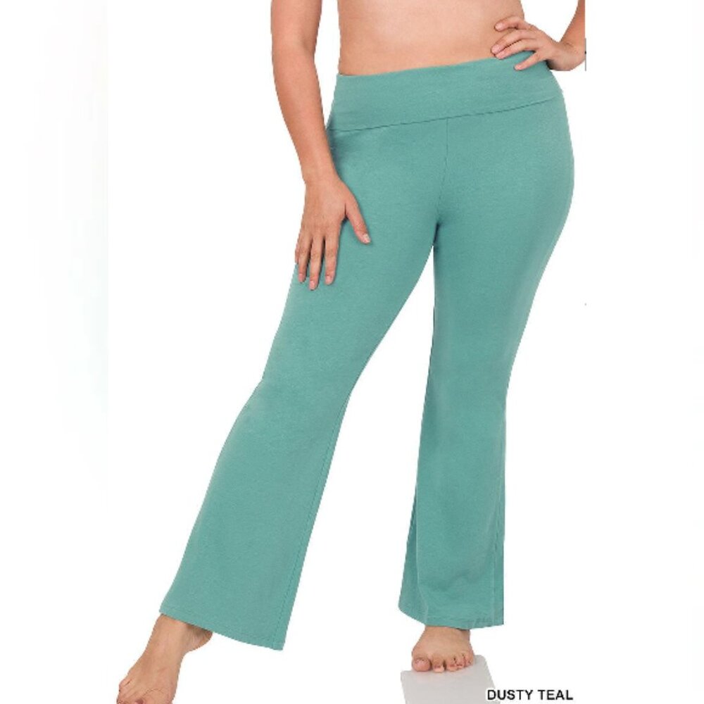 ZENANA PLUS PREMIUM COTTON FOLD OVER YOGA FLARE PANTS DUSTY TEAL S-M-L-XL